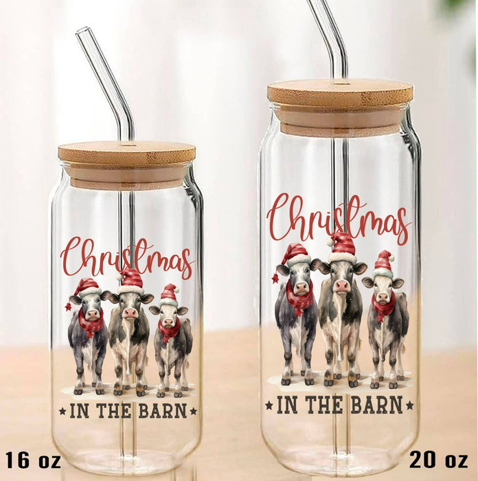 Christmas  In the Barn Country Cows Can Glass with Lid Straw