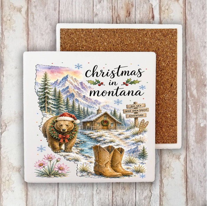 Christmas in Montana State Map Stone Coaster