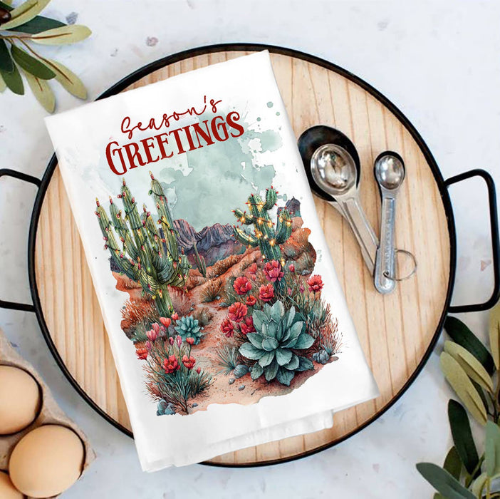Christmas Seasons Greeting Desert Cactus Tea Towel