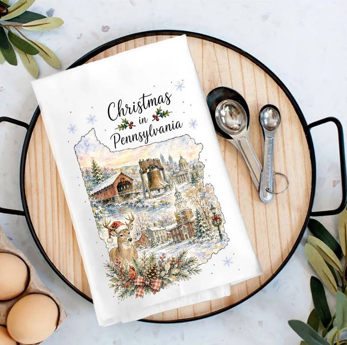 Christmas in Pennsylvania State Map Tea Towel