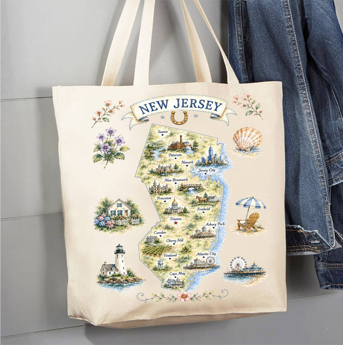 New Jersey State Map Landmark Canvas Tote Bag