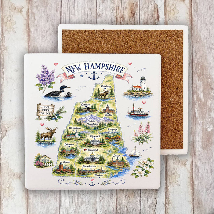 New Hampshire State Map Landmark Stone Coaster