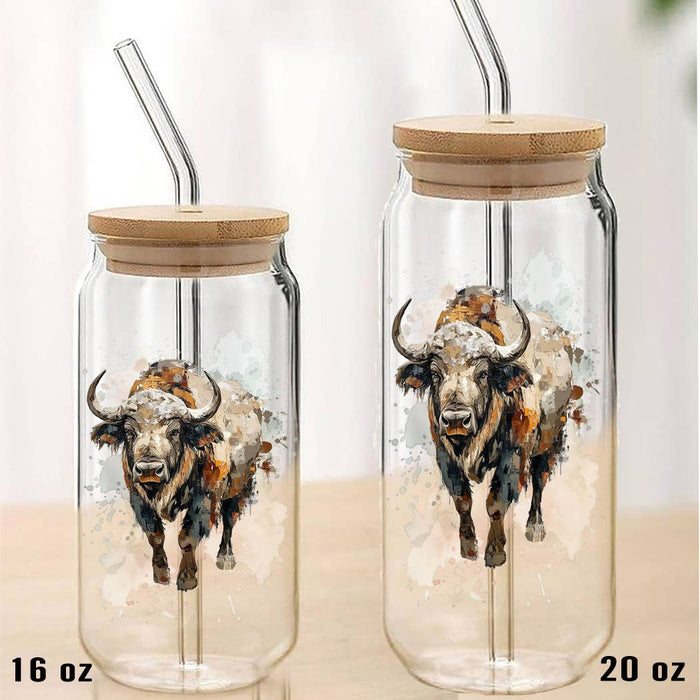 Buffalo Beige Tones Waterolor Can Glass with Lid Straw