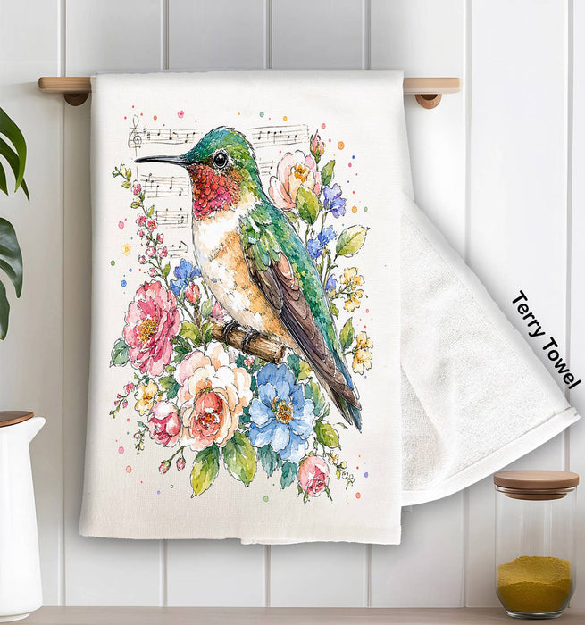Spring Flowers Hummingbirds Musical Kitchen Terry Towel