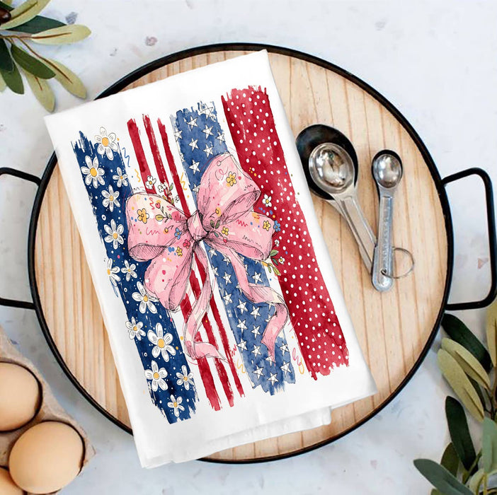 Patriotic red White Blue Bow Tea Towel