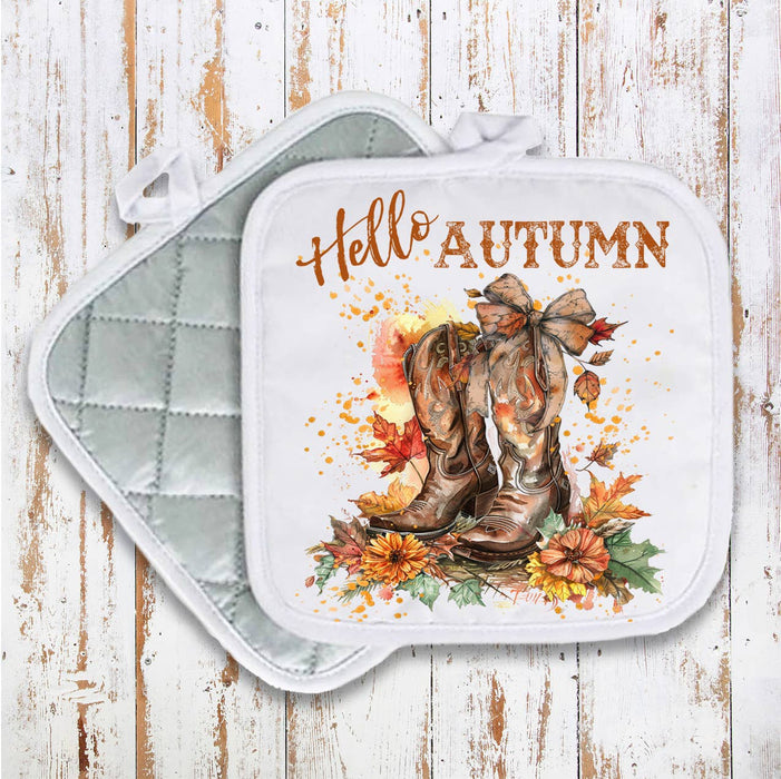 Hello Autumn Fall Cowboy Boots Pot Holder Oven Mitt