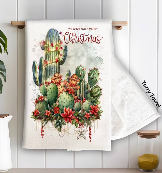 Merry Christmas Cactus Flowers Kitchen Terry Towel