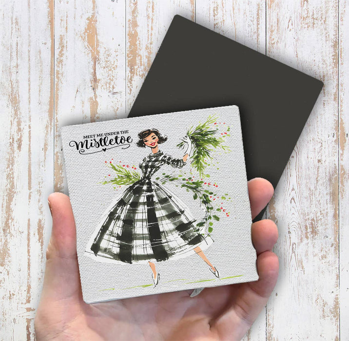 Retro Christmas Meet me Mistletoe Magnet Fridge