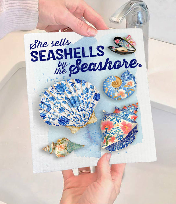 Seashells by the Seashore Floral Shells Swedish Dishcloth