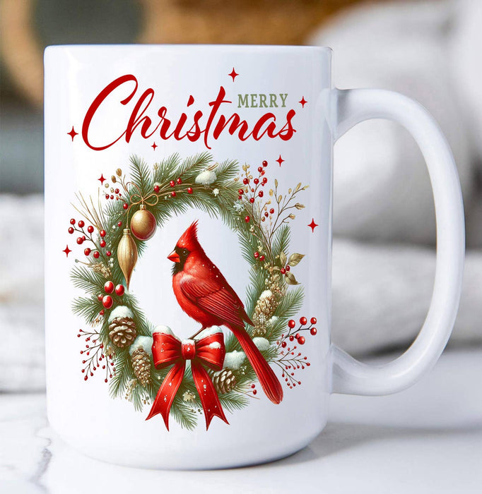 Merry Christmas Wreath Cardinal Bird Coffee Mug