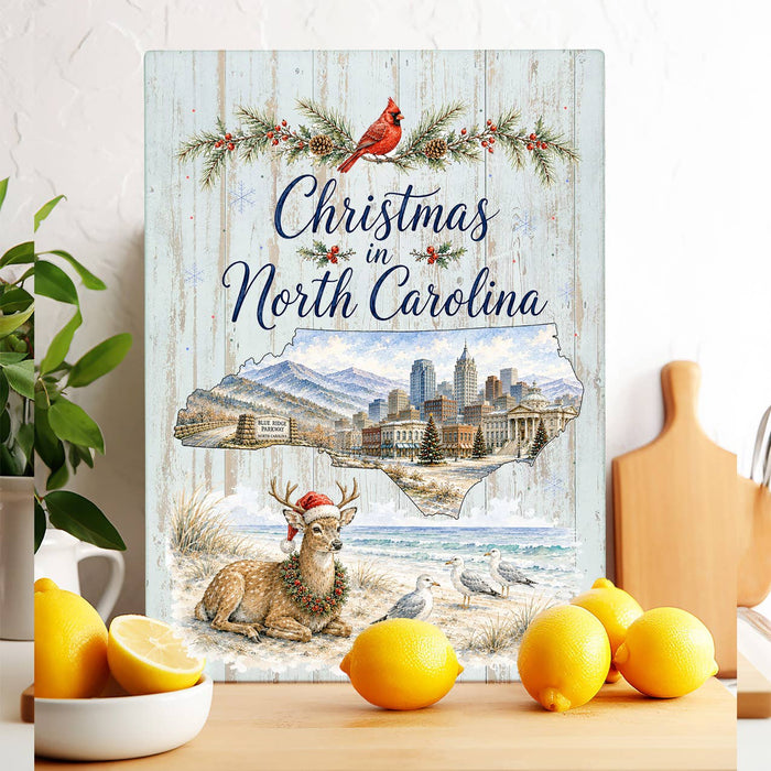 Christmas in North Carolina State Map Glass Cutting Board