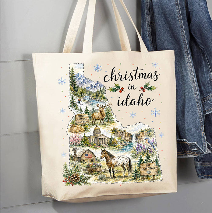 Christmas in Idaho State Map Canvas Tote Bag
