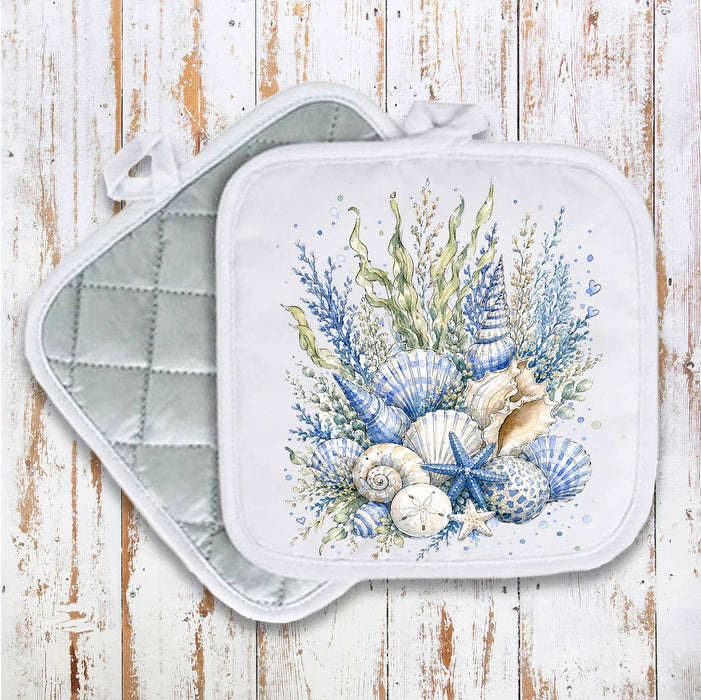 Coastal Blue Sea Shells Bouquet Pot Holder