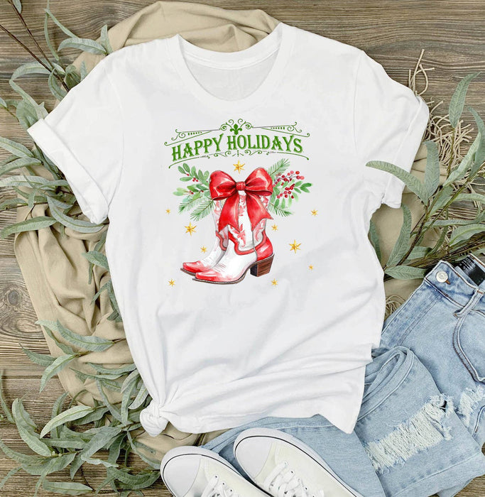 Christmas Happy Holidays Cowboy Boot T-Shirt