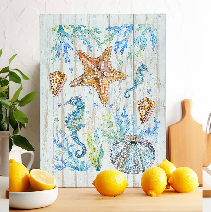 Coastal Blue Starfish Sea Horse Ocean Glass Cutting Board