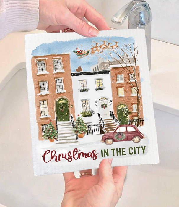 Christmas in the City Houses Swedish Dishcloth