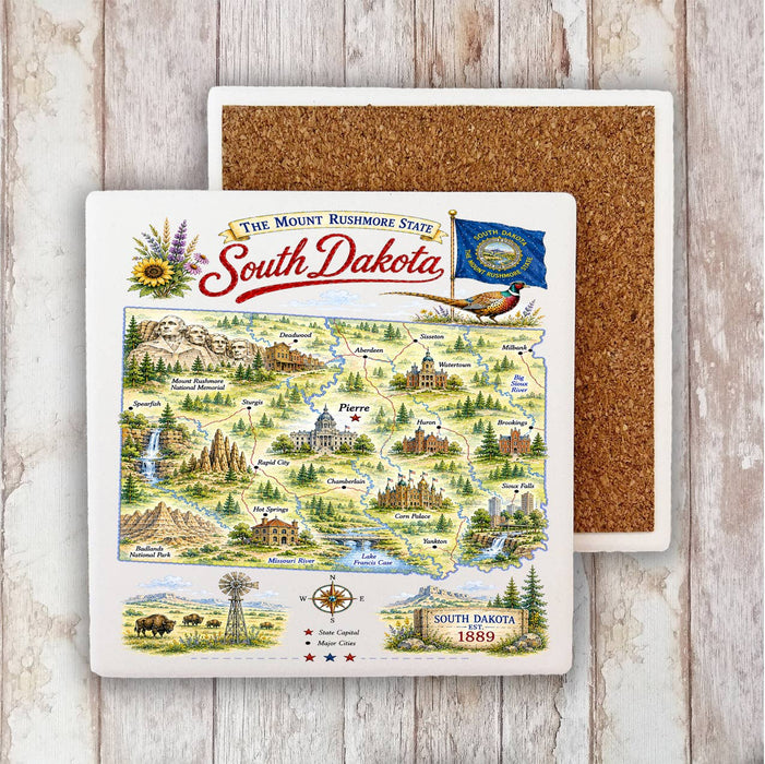 South Dakota State Map Landmark Stone Coaster
