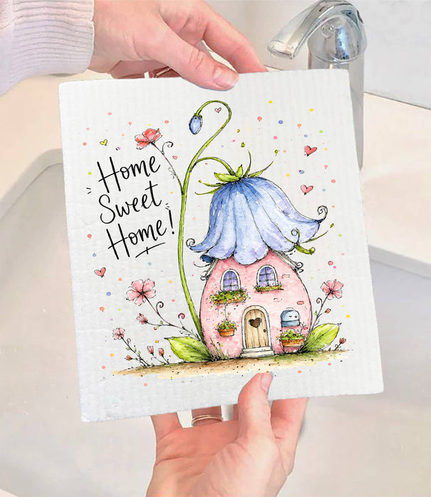 Home Sweet Home House Flowers Swedish Dishcloth