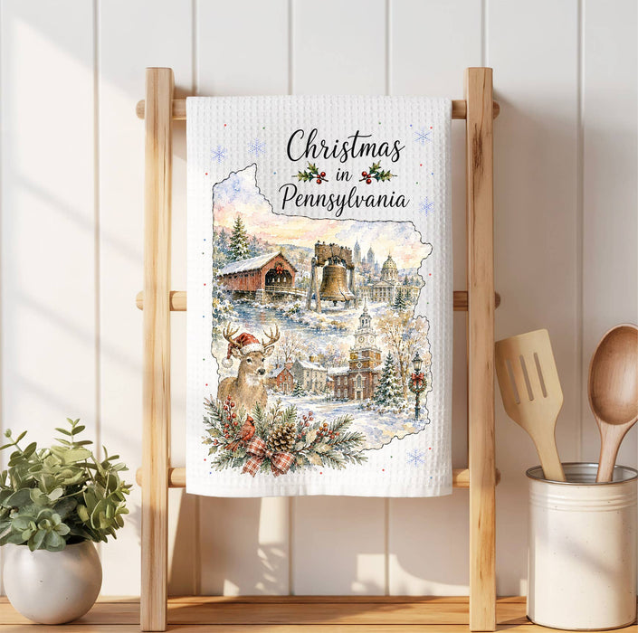 Christmas in Pennsylvania State Map Waffle Weave Towel