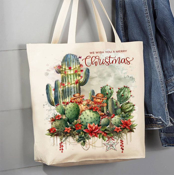 Merry Christmas Cactus Flowers Canvas Tote Bag