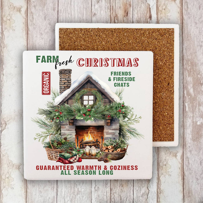 Farm Fresh Christmas Fireplace  Stone Coaster