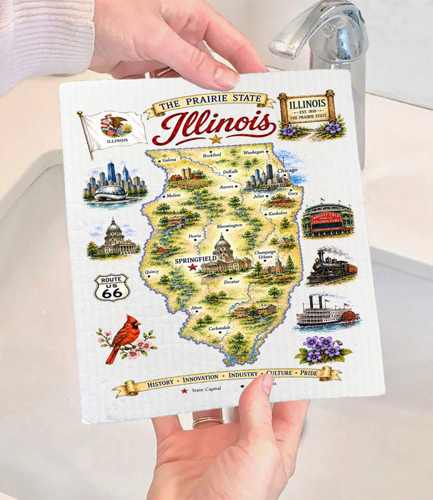 Illinois State Map Landmark Swedish Dishcloth