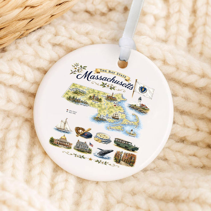 Massachusetts State Map Landmark Ornament