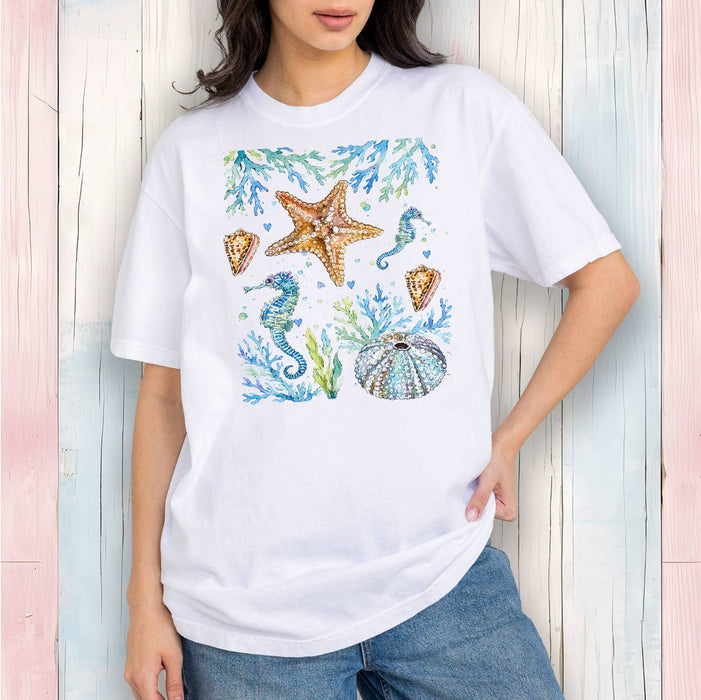 Coastal Blue Starfish Sea Horse Ocean T-Shirt