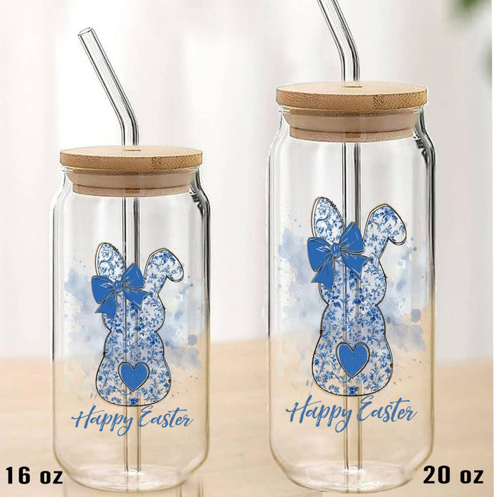 Easter Blue and White Bunny Can Glass with Lid Straw