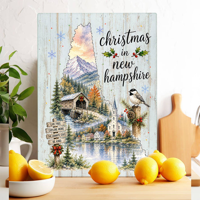 Christmas in New Hampshire State Map Glass Cutting Board