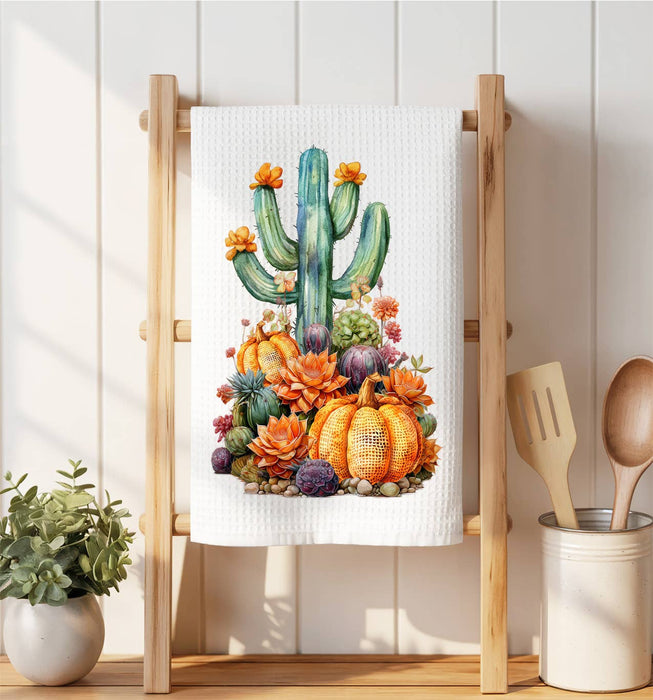 Fall Pumpkin Saratoga Cactus Flowers  Waffle Weave Towel