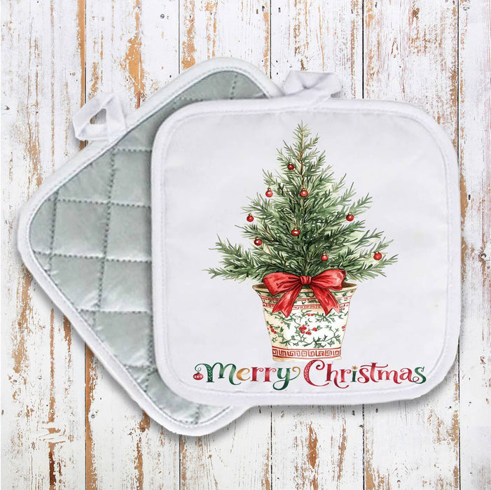 Christmas Watercolor Toile Tree Pot Holder Oven Mitt