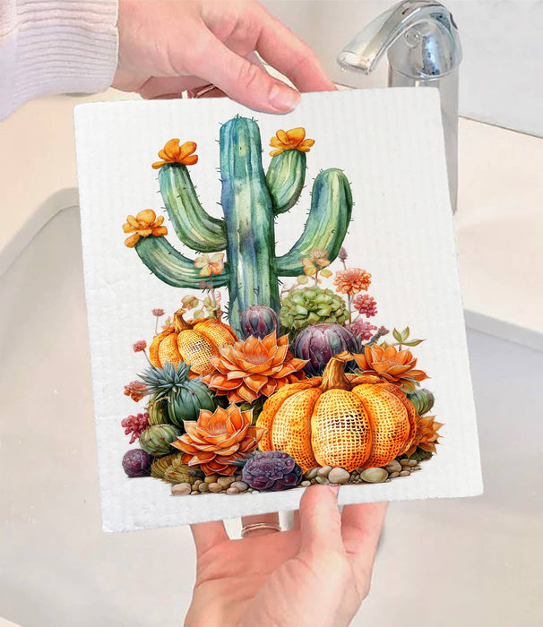 Fall Pumpkin Saratoga Cactus Flowers  Swedish Dishcloth
