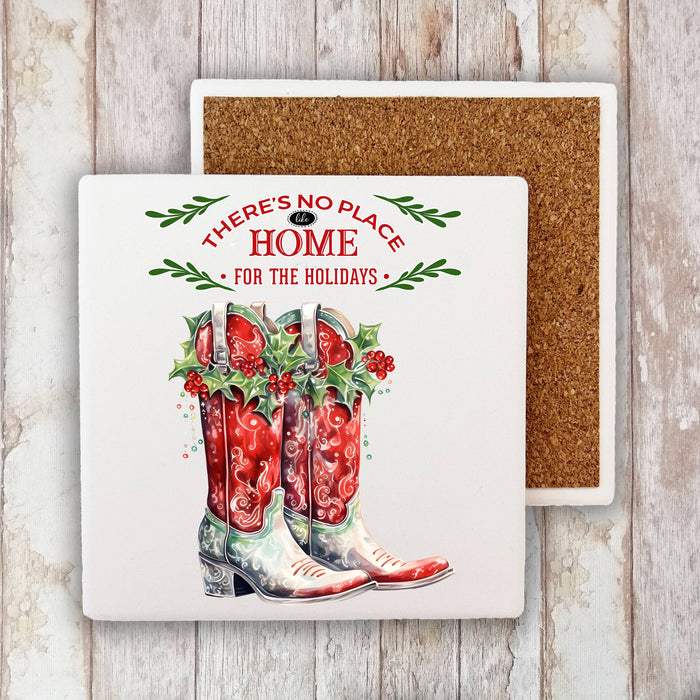Christmas Holly Red Cowboy Boots Western Stone Coaster