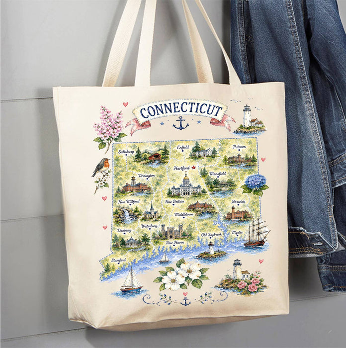 Connecticut State Map Landmark Canvas Tote Bag