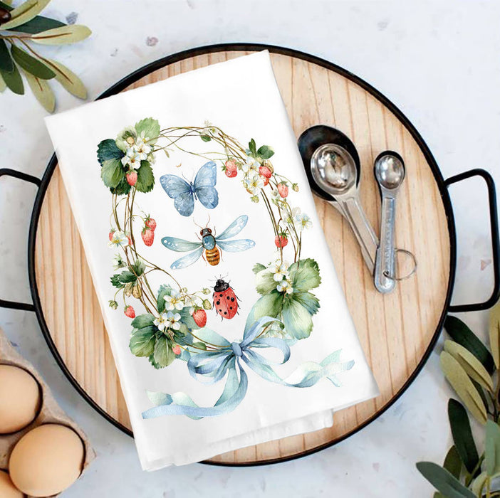 Strawberry Wreath Butterfly Ladybug Tea Towel