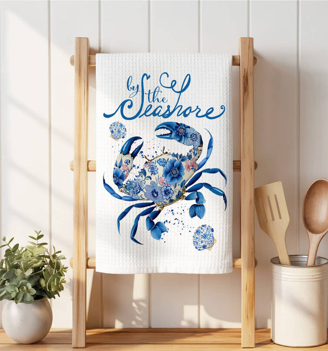 Floral Blue Crab by the Seashore Waffle Weave Towel