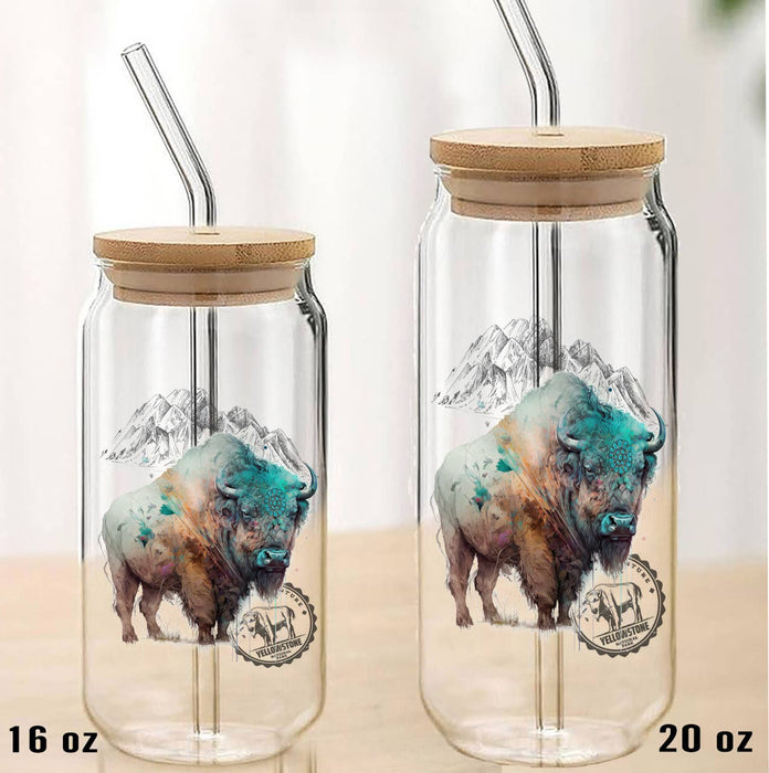 Buffalo Turquoise Yellowstone Can Glass with Lid Straw
