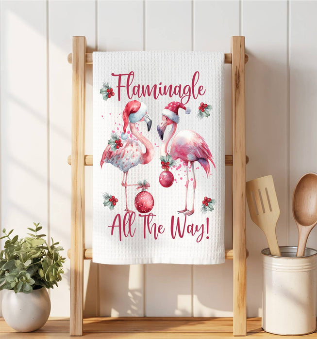 Christmas Flamingo Flaminagle all the way Waffle Weave Towel