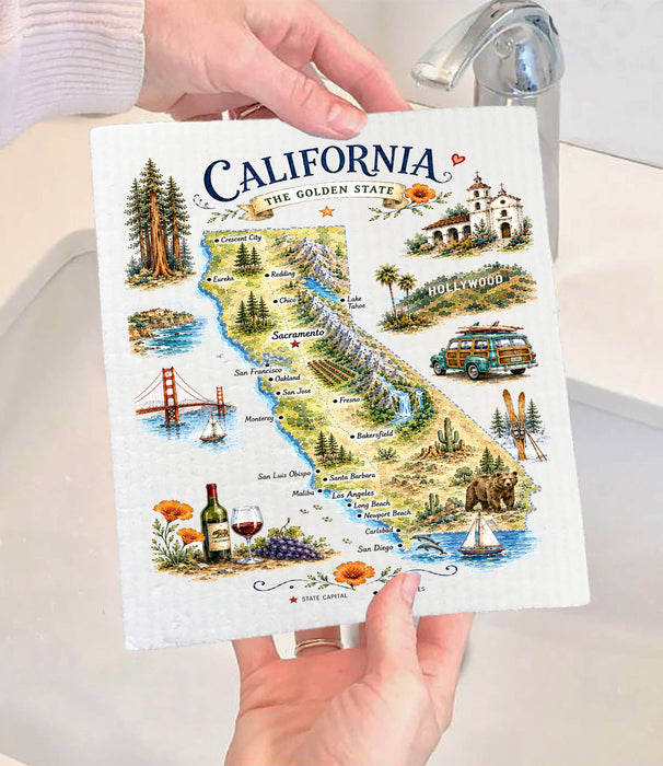 California State Map Landmark Swedish Dishcloth