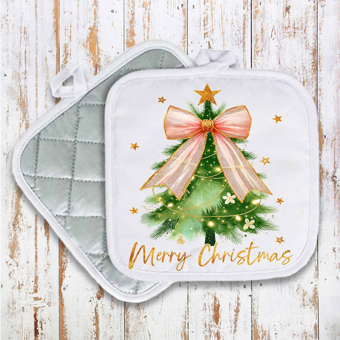 Merry Christmas tree Bow Gold Pot Holder Oven Mitt