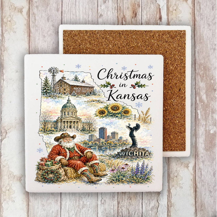 Christmas in Kansas State Map Stone Coaster