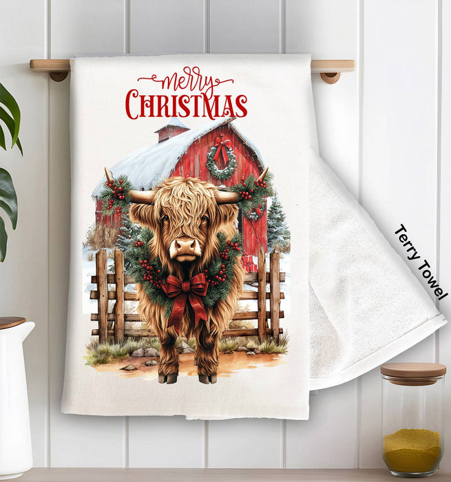 Christmas Highland Cow Barn Western Kitchen Terry Towel