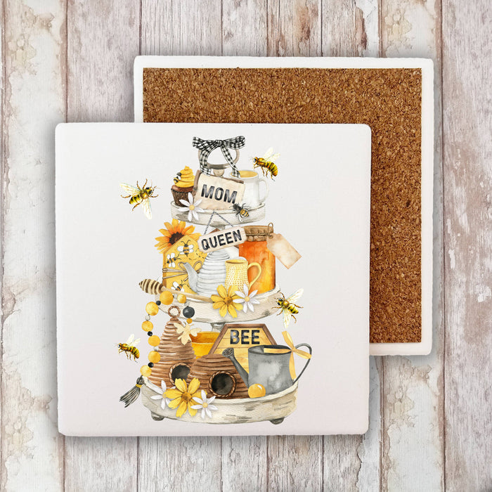 Mom Mother Queen Bee Honey Flowers Stone Coaster
