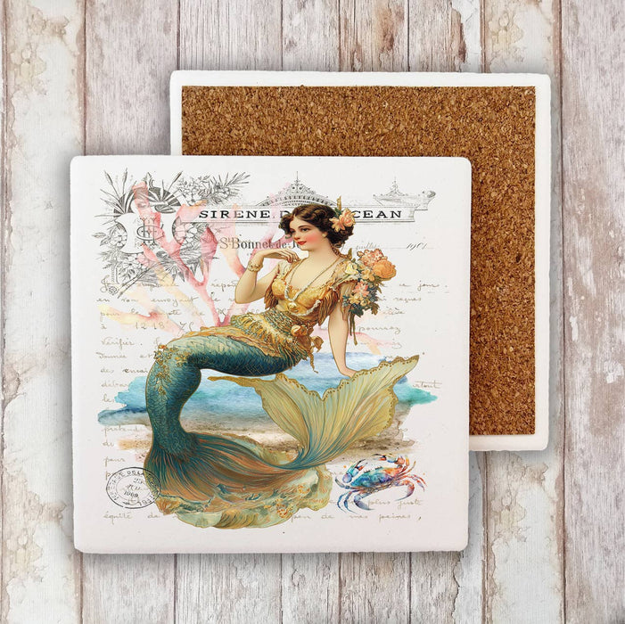 Vintage French Mermaids Ocean Stone Coaster
