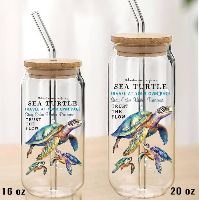 Coastal Wisdom of a Sea Turtle Can Glass with Lid Straw
