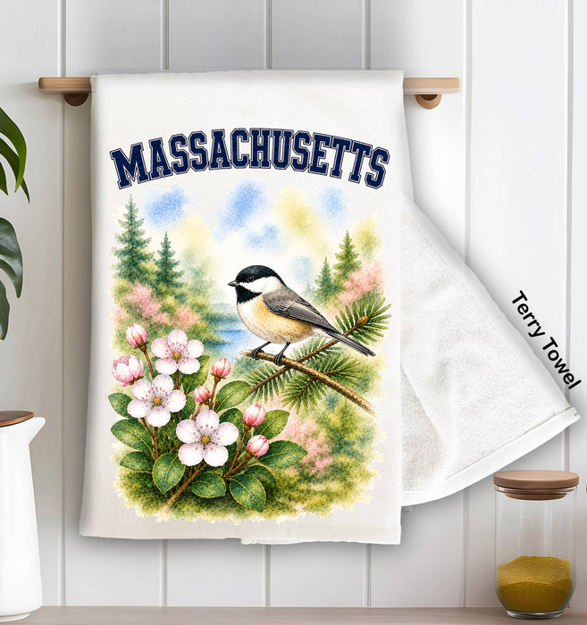 Massachusetts State Bird and Animal Kitchen Terry Towel