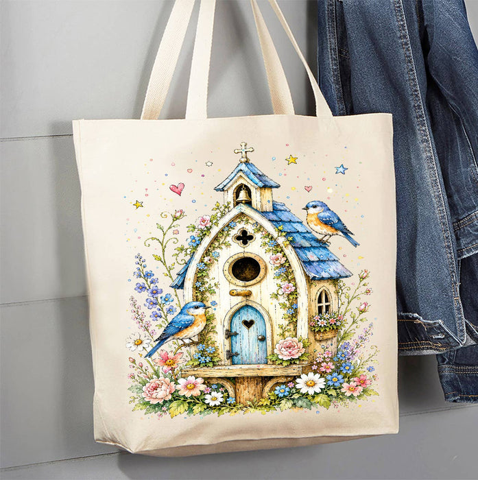 Watercolor Birdhouse Blue Flowers Canvas Tote Bag