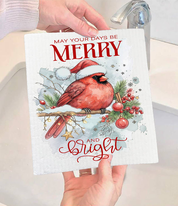 Christmas Days be Merry Red Cardinal Swedish Dishcloth