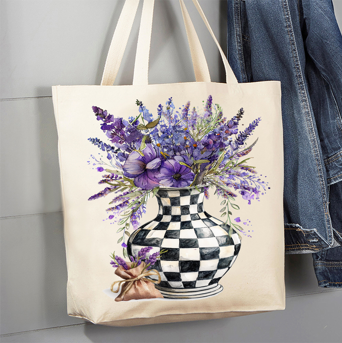 Checkered Vase with Lavender Canvas Tote Bag